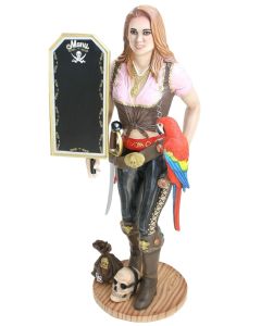 Piratenfrau Butler mit Papagei und Angebotsschild lebensgroß