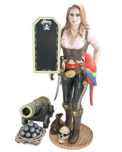 Piratenfrau Butler mit Papagei, Kanone und Angebotsschild lebensgroß