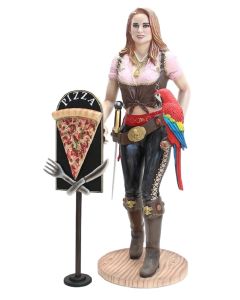 Blonde Piratenfrau mit Pizzaschild lebensgroß