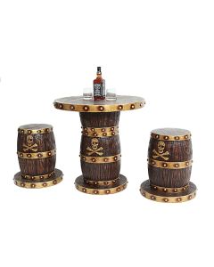 Weinfasstisch dunkel mit Gold, Totenkopf und Hockern lebensgroß