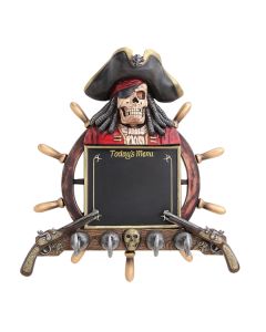 Piratenskelett Angebotstafel und Garderobe mit Steuer und Pistol lebensgroß