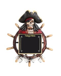 Piratenskelett Angebotstafel und Trinkglashaken mit Steuer lebensgroß