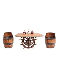 Schiffssteuer Tisch mit Holzplatte Oval und Weinfasssitzen lebensgroß