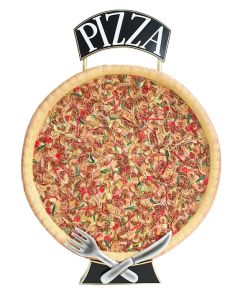 Ganze Pizza Einseitig mit Messer und Gabel mit Pizzaschild vergrößert