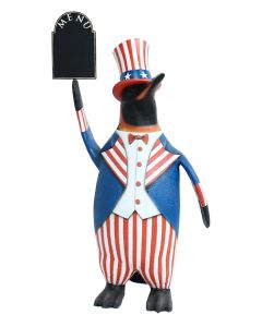 Pinguin Amerika mit Menüschild lebensgroß