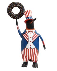 Pinguin amerika mit braunem Donut lebensgroß