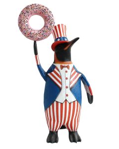 Pinguin amerika mit rosa Donut lebensgroß