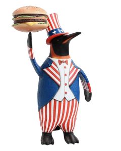 Pinguin amerika mit Burger lebensgroß