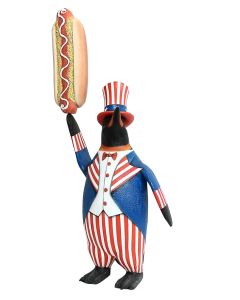 Pinguin amerika mit Hotdog lebensgroß