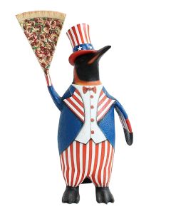 Pinguin amerika mit Pizzastück lebensgroß