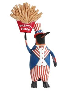 Pinguin amerika mit Pommes lebensgroß