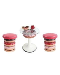 Donuttisch rosa auf Ständer mit Glasplatte und Donuthocker klein vergrößert