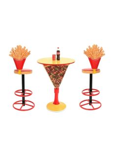 Tisch mit Pizzastückständer und Pommes Barhocker vergrößert