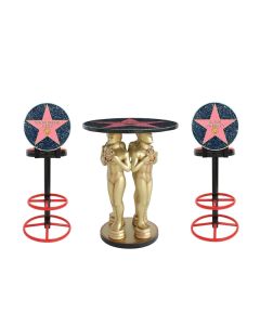 Goldener Preisfigurtisch und Hall Of Fame Barhocker lebensgroß