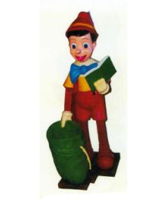großer Pinocchio mit Buch und Sack lebensgroß