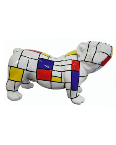 Bulldogge mit bunten Kästchen  lebensgroß