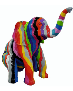 Elefant sitzend bunt gestreift lebensgroß