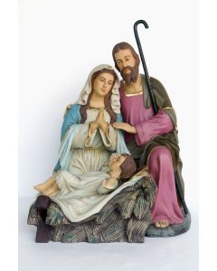 Heilige Familie hockend mit Josef, Maria und Jesuskind in Krippe verkleinert
