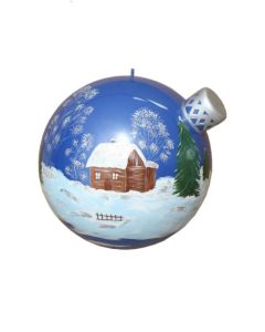 Blau glänzende Weihnachtskugel mit Wintermotiv vergrößert