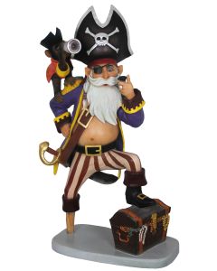 Piratencapitän auf Holzbein mit Affe lebensgroß