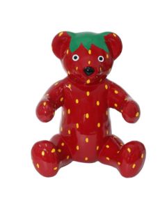 Sitzender Teddy im Erdbeerdesign lebensgroß