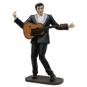 Elvis im schwarzen Anzug mit brauner Gitarre lebensgroß