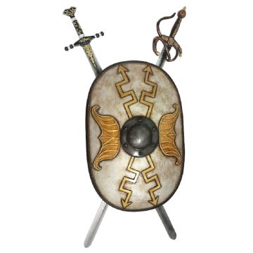 Antikes Schild Oval Weiß mit goldenen Pfeilen und 2 Schwertern lebensgroß
