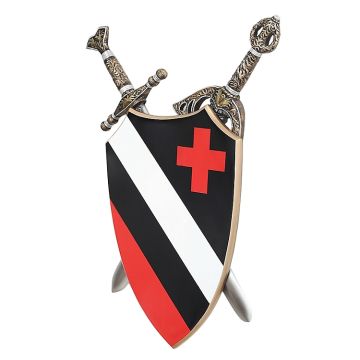 Schild Schwarz Weiß mit rotem Kreuz und Schwertern dahinter lebensgroß