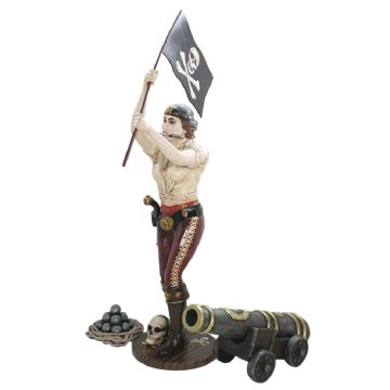 Piratenfrau mit Flagge und Kanone lebensgroß