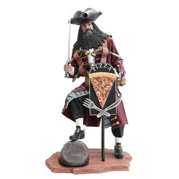 Pirat Blackbeard mit Pizzaschild lebensgroß