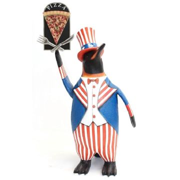 Pinguin amerika mit Pizzaschild lebensgroß